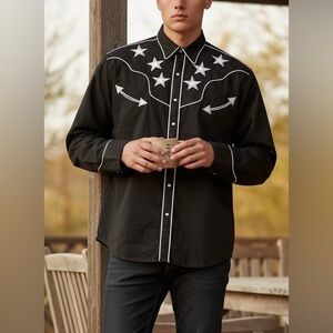 Copper‎ Rivet Men's Western button down shirt star embroidery black size 3XL